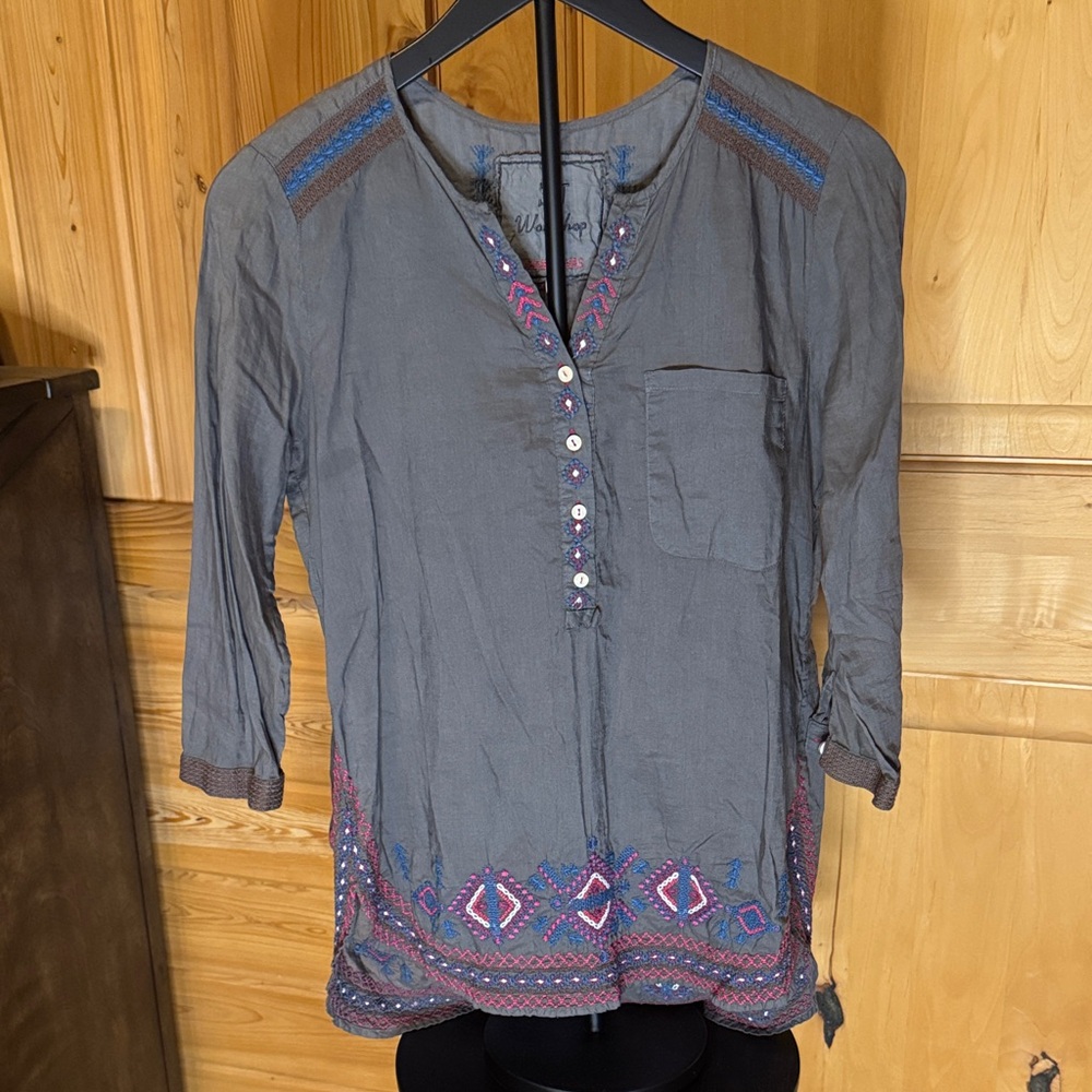 Johnny Was Charcoal Blouse with Colorful Embroidery